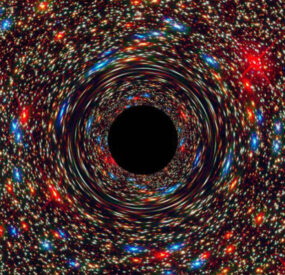 A computer-generated image of a supermassive black hole at the core of a galaxy